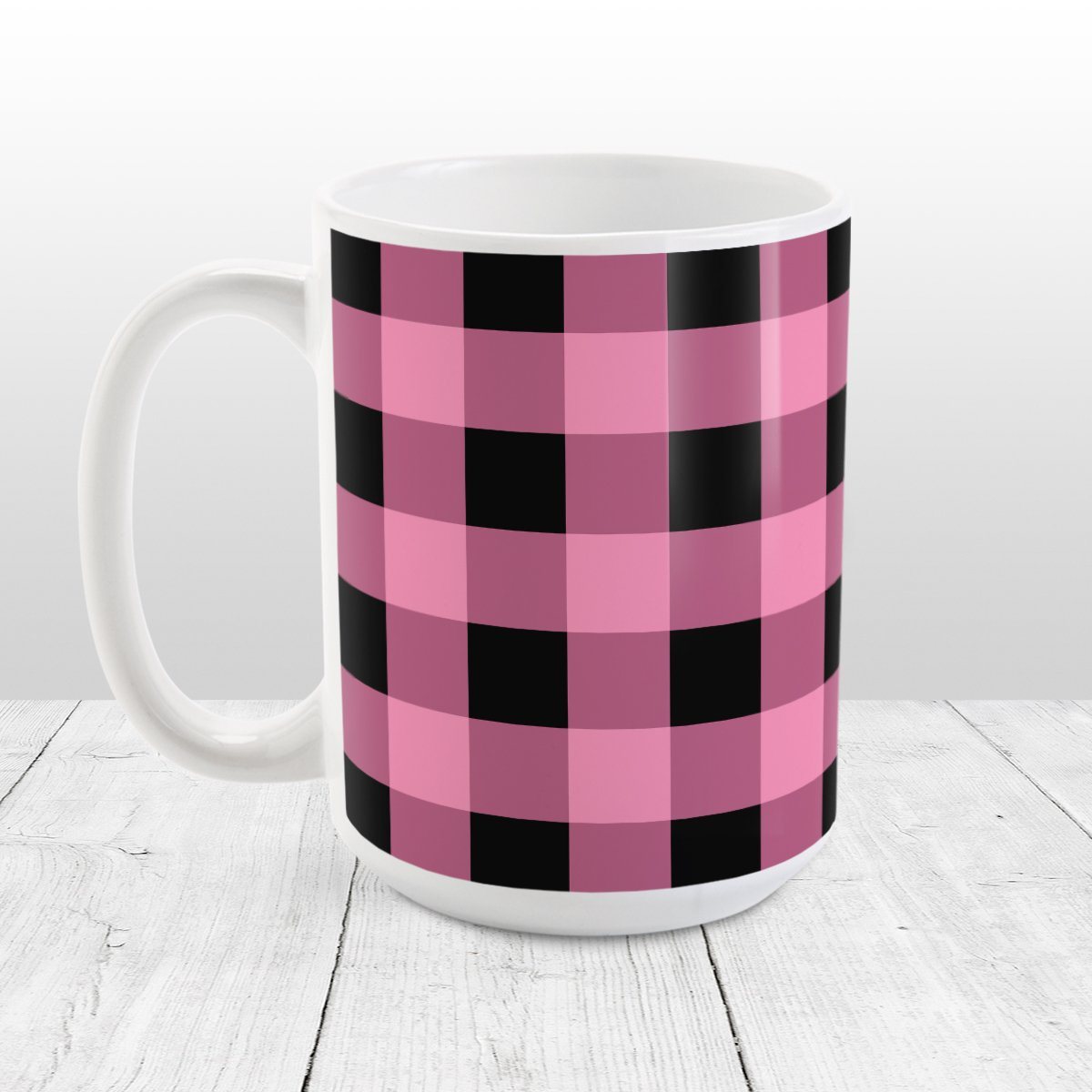 Light Pink and Black Buffalo Plaid Mug at Amy's Coffee Mugs