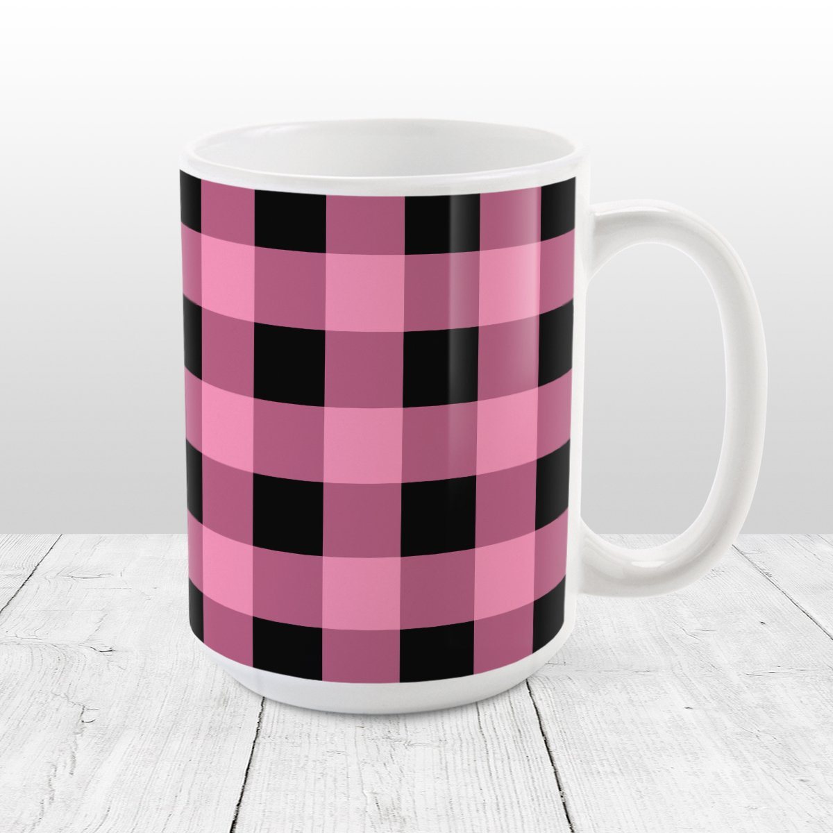 Light Pink and Black Buffalo Plaid Mug at Amy's Coffee Mugs