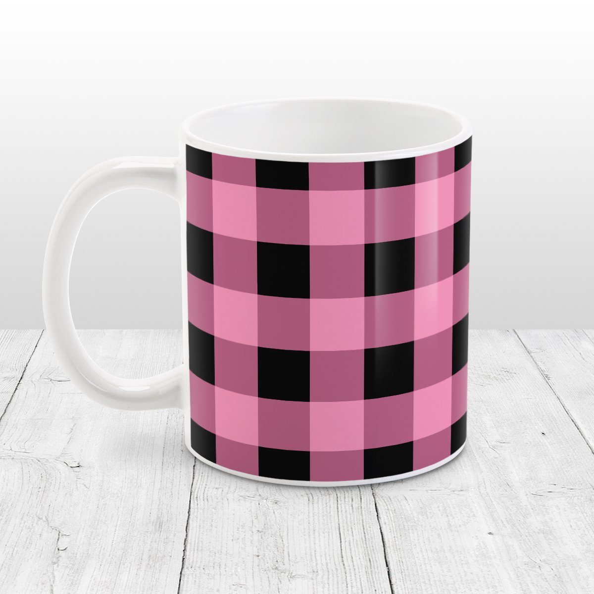 Light Pink and Black Buffalo Plaid Mug at Amy's Coffee Mugs