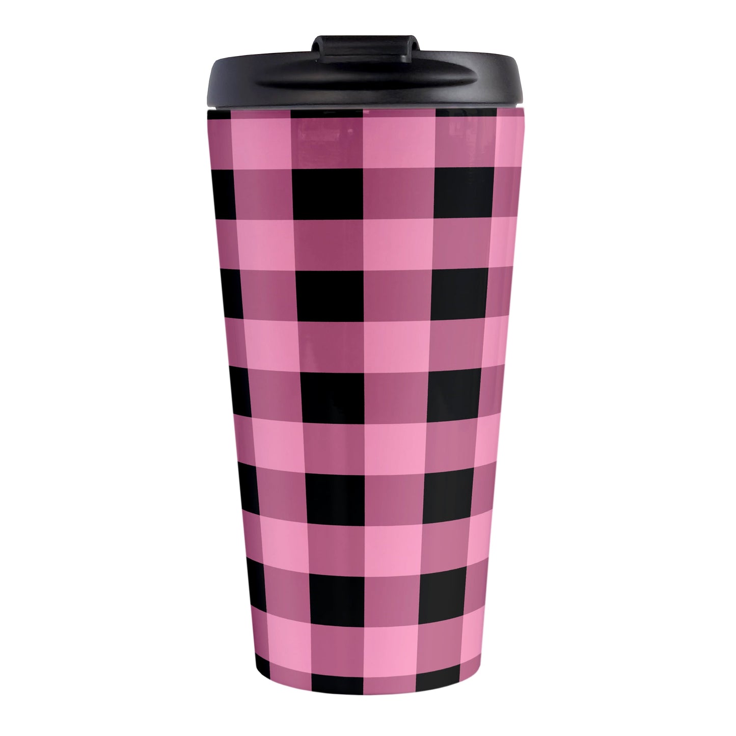 Light Pink and Black Buffalo Plaid Travel Mug (15oz, stainless steel insulated) at Amy's Coffee Mugs