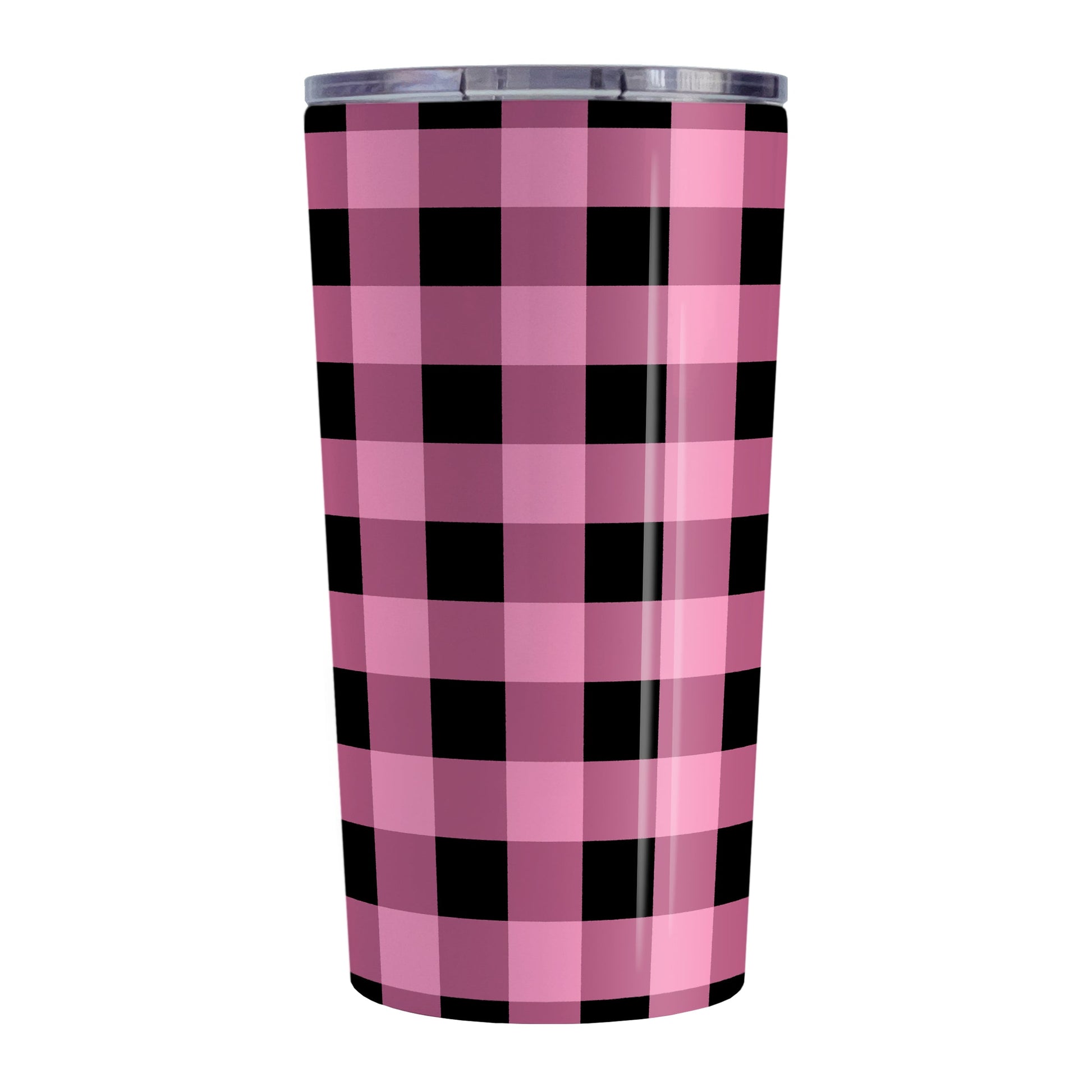 Light Pink and Black Buffalo Plaid Tumbler Cup (20oz, stainless steel insulated) at Amy's Coffee Mugs