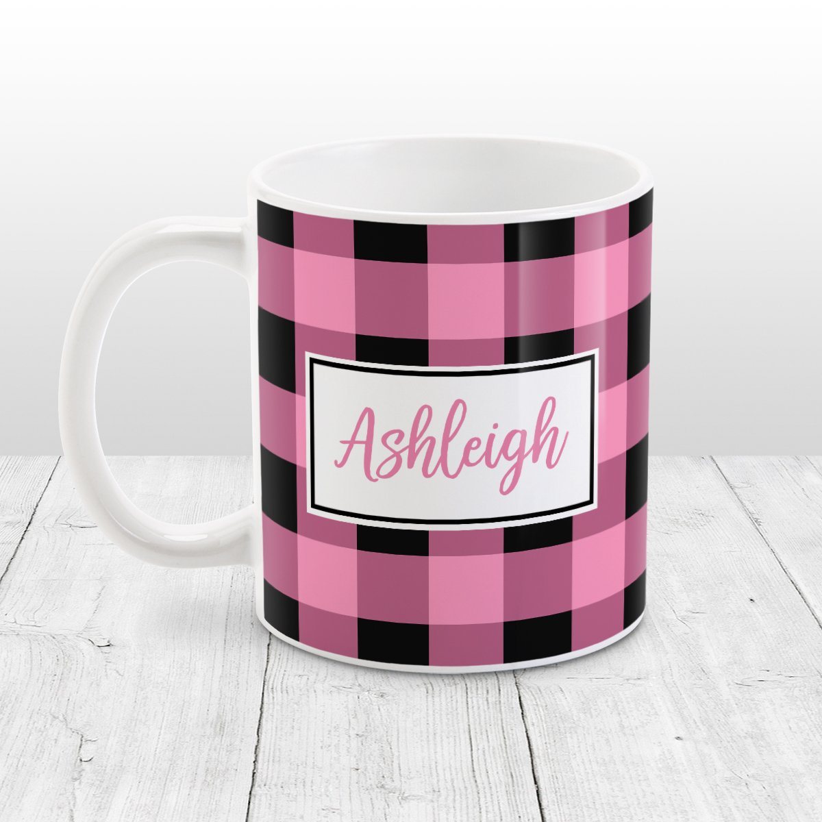 Light Pink and Black Personalized Name Buffalo Plaid Mug at Amy's Coffee Mugs