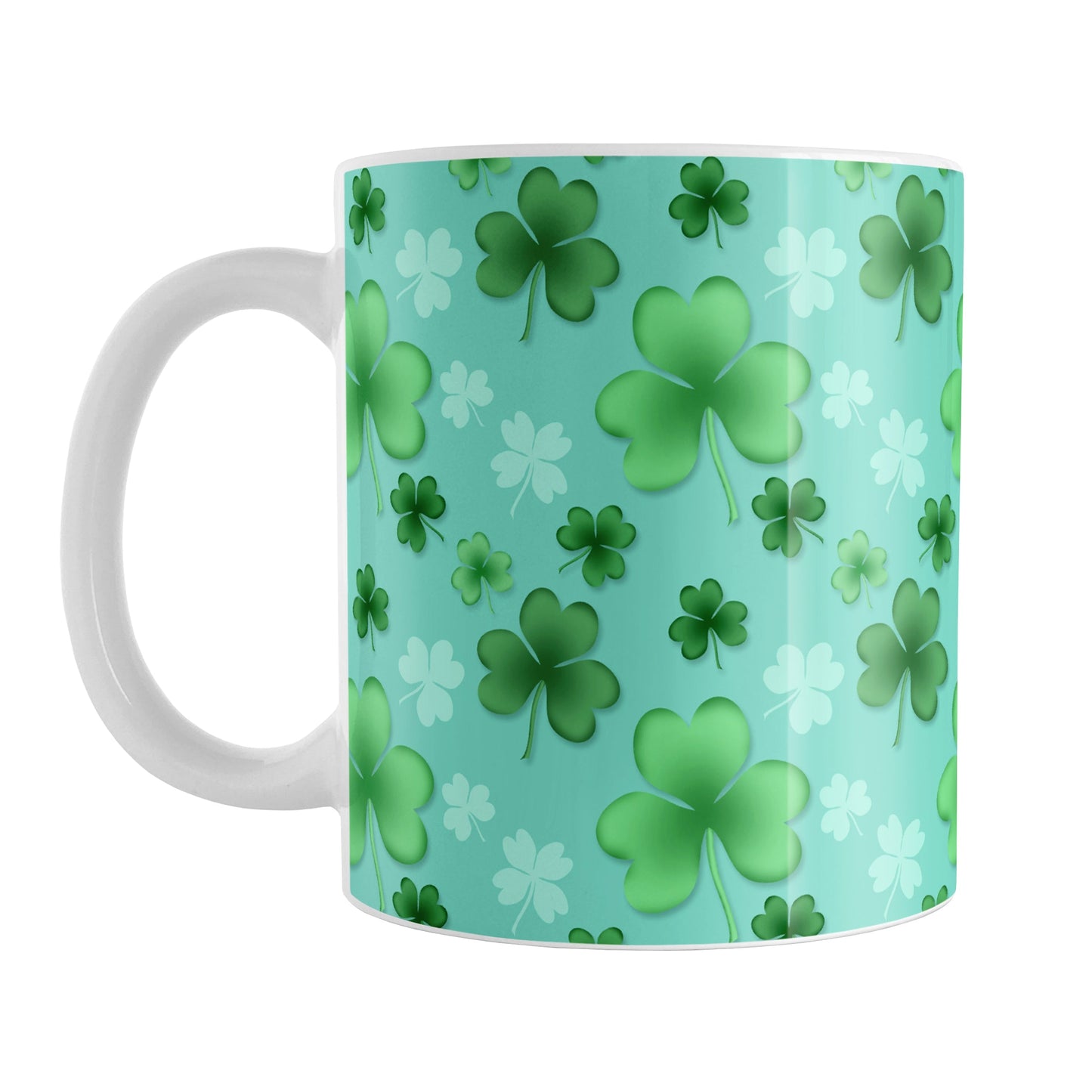 Lucky Clover Pattern Teal and Green Mug (11oz) at Amy's Coffee Mugs. A ceramic coffee mug designed with a lucky green clover pattern with a 4-leaf clover among 3-leaf clovers, in different shades of green, over a teal background that wraps around the mug to the handle.