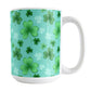 Lucky Clover Pattern Teal and Green Mug (15oz) at Amy's Coffee Mugs. A ceramic coffee mug designed with a lucky green clover pattern with a 4-leaf clover among 3-leaf clovers, in different shades of green, over a teal background that wraps around the mug to the handle.