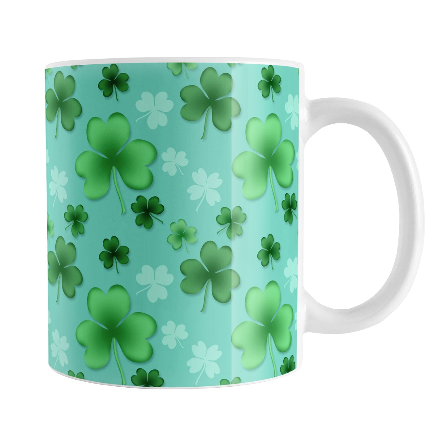 Lucky Clover Pattern Teal and Green Mug (11oz) at Amy's Coffee Mugs. A ceramic coffee mug designed with a lucky green clover pattern with a 4-leaf clover among 3-leaf clovers, in different shades of green, over a teal background that wraps around the mug to the handle.