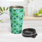 Lucky Clover Pattern Teal and Green Travel Mug (15oz) at Amy's Coffee Mugs. A stainless steel insulated travel mug designed with a lucky green clover pattern with a 4-leaf clover among 3-leaf clovers, in different shades of green, over a teal background that wraps around the mug.