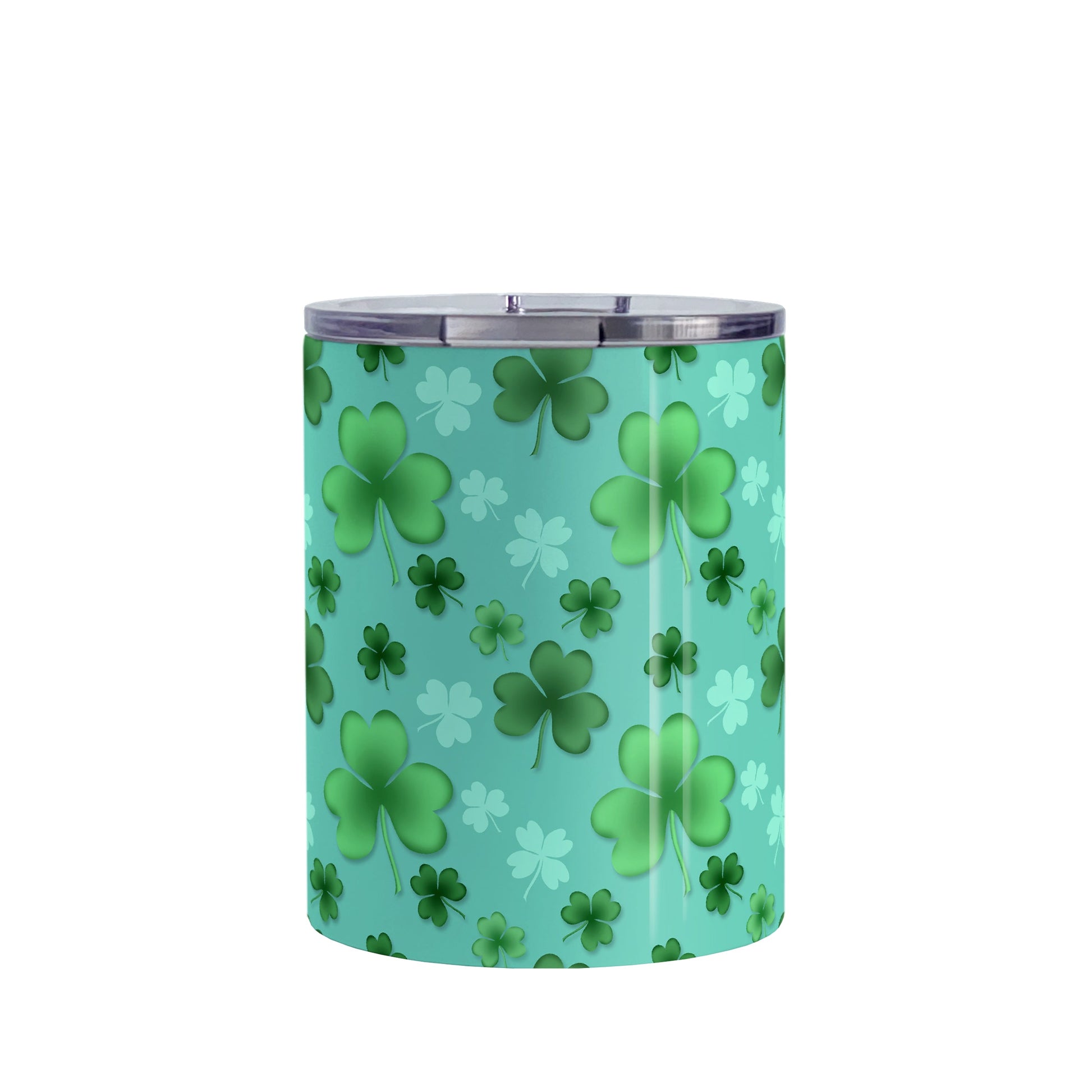 Lucky Clover Pattern Teal and Green Tumbler Cup (10oz, stainless steel insulated) at Amy's Coffee Mugs. A tumbler cup designed with a lucky green clover pattern with a 4-leaf clover among 3-leaf clovers, in different shades of green, over a teal background that wraps around the cup.