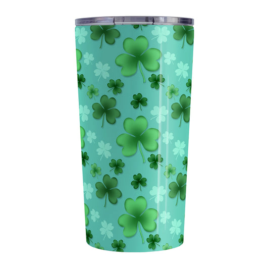 Lucky Clover Pattern Teal and Green Tumbler Cup (20oz, stainless steel insulated) at Amy's Coffee Mugs. A tumbler cup designed with a lucky green clover pattern with a 4-leaf clover among 3-leaf clovers, in different shades of green, over a teal background that wraps around the cup.
