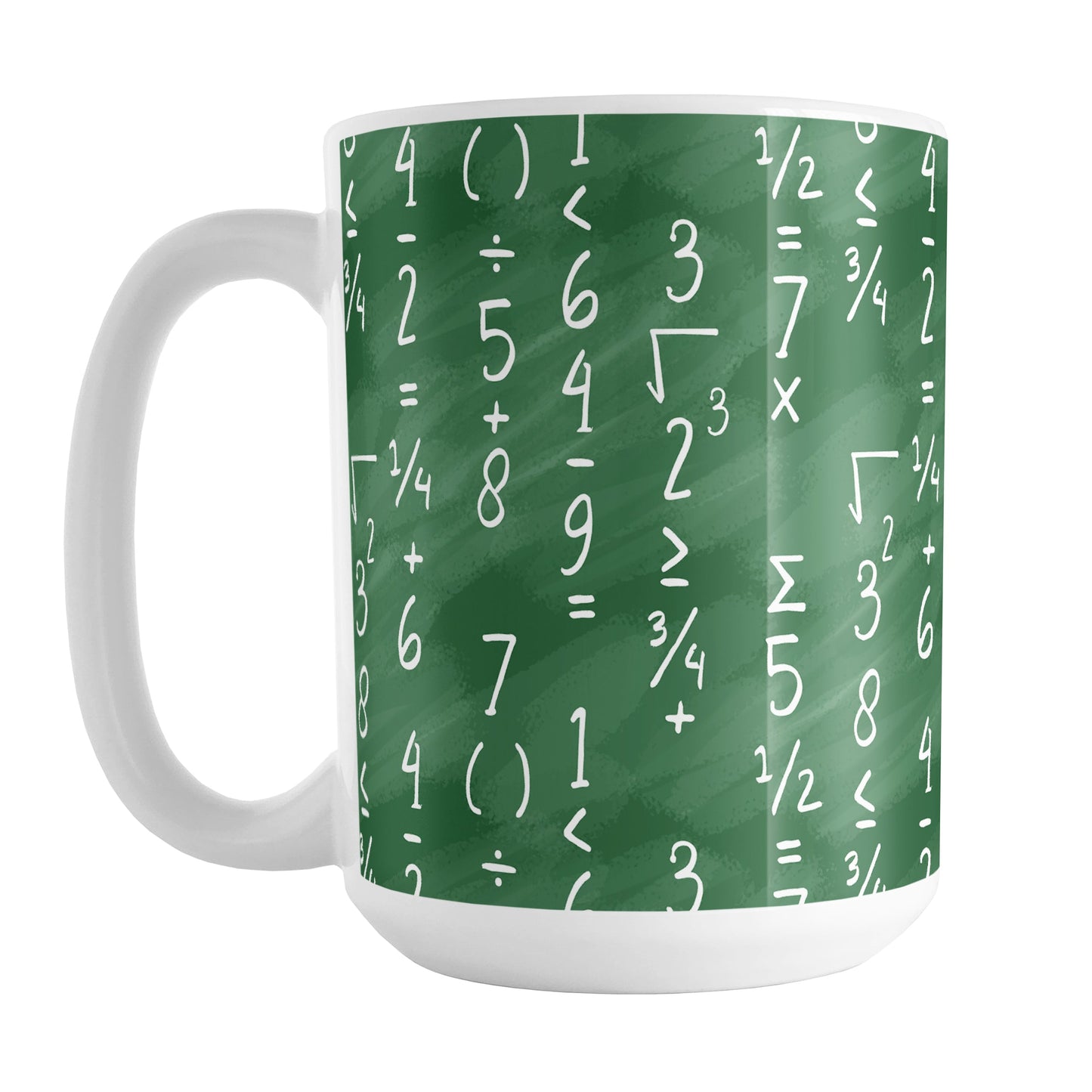 Mathematics Pattern Math Mug (15oz) at Amy's Coffee Mugs. A ceramic coffee mug designed with handwritten numbers and simple math symbols and functions in vertical columns over a green chalkboard background that wraps around the mug to the handle. This mug is perfect for mathematicians and math teachers, and for people who appreciate mathematics.