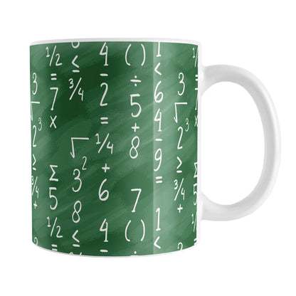 Mathematics Pattern Math Mug (11oz) at Amy's Coffee Mugs. A ceramic coffee mug designed with handwritten numbers and simple math symbols and functions in vertical columns over a green chalkboard background that wraps around the mug to the handle. This mug is perfect for mathematicians and math teachers, and for people who appreciate mathematics.