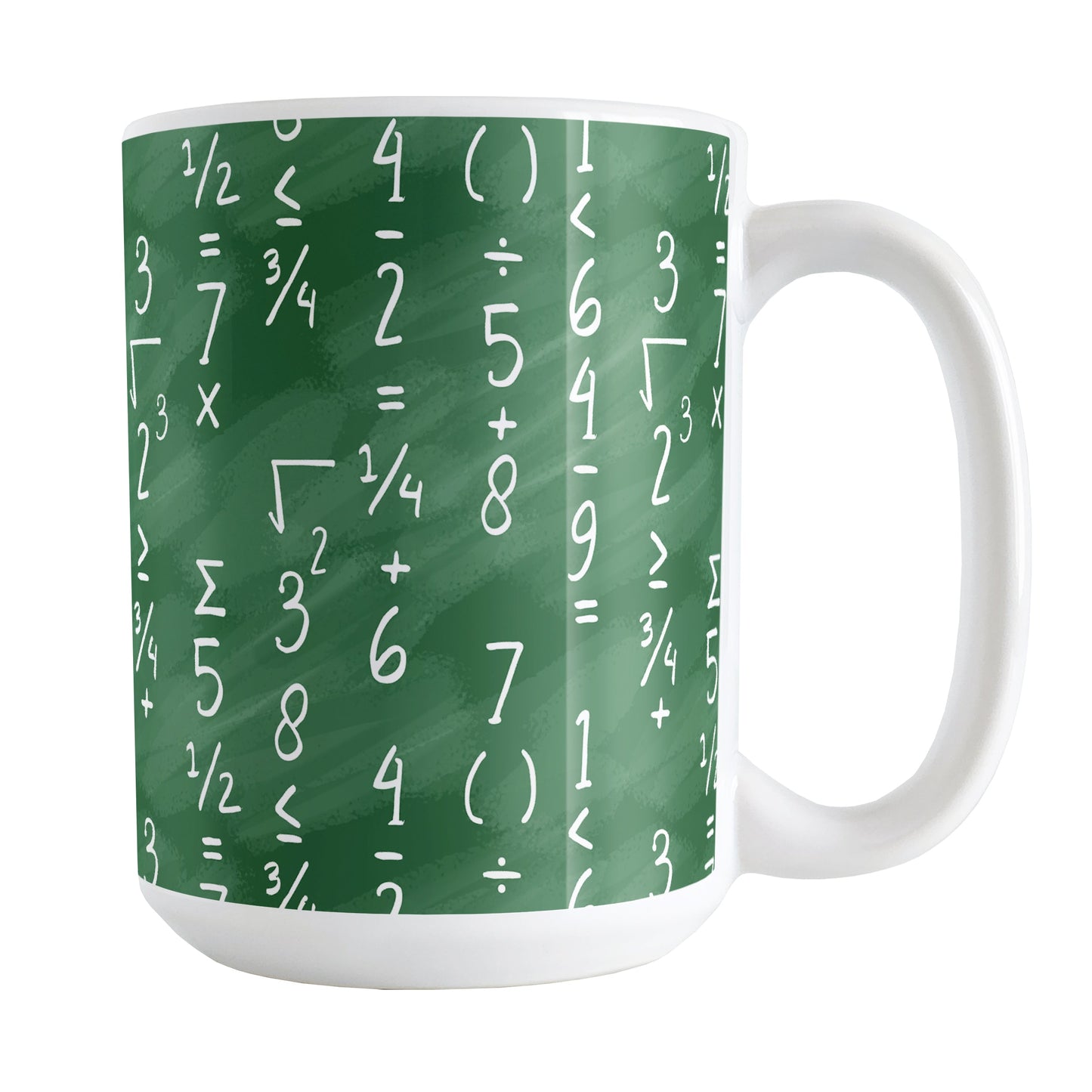 Mathematics Pattern Math Mug (15oz) at Amy's Coffee Mugs. A ceramic coffee mug designed with handwritten numbers and simple math symbols and functions in vertical columns over a green chalkboard background that wraps around the mug to the handle. This mug is perfect for mathematicians and math teachers, and for people who appreciate mathematics.