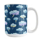 My Thunderstorm Mug (15oz) at Amy's Coffee Mugs. A ceramic coffee mug designed with an adorable thunderstorm pattern with cute illustrated storm clouds with a plaid-like pattern, lightning bolts, and rain over a dark blue background.
