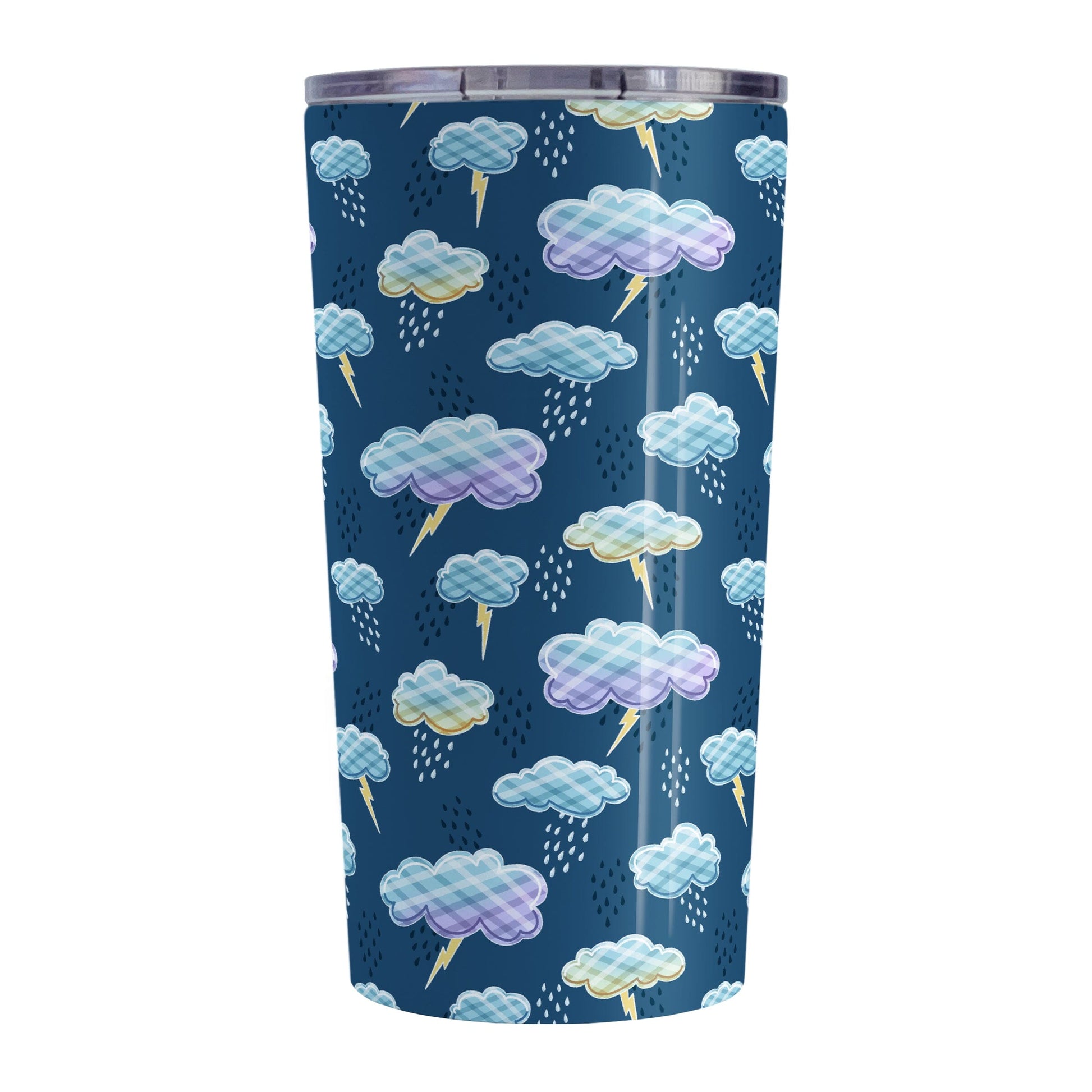 My Thunderstorm Tumbler Cup (20oz) at Amy's Coffee Mugs. A stainless steel tumbler cup designed with an adorable thunderstorm pattern with cute illustrated storm clouds with a plaid-like pattern, lightning bolts, and rain over a dark blue background.