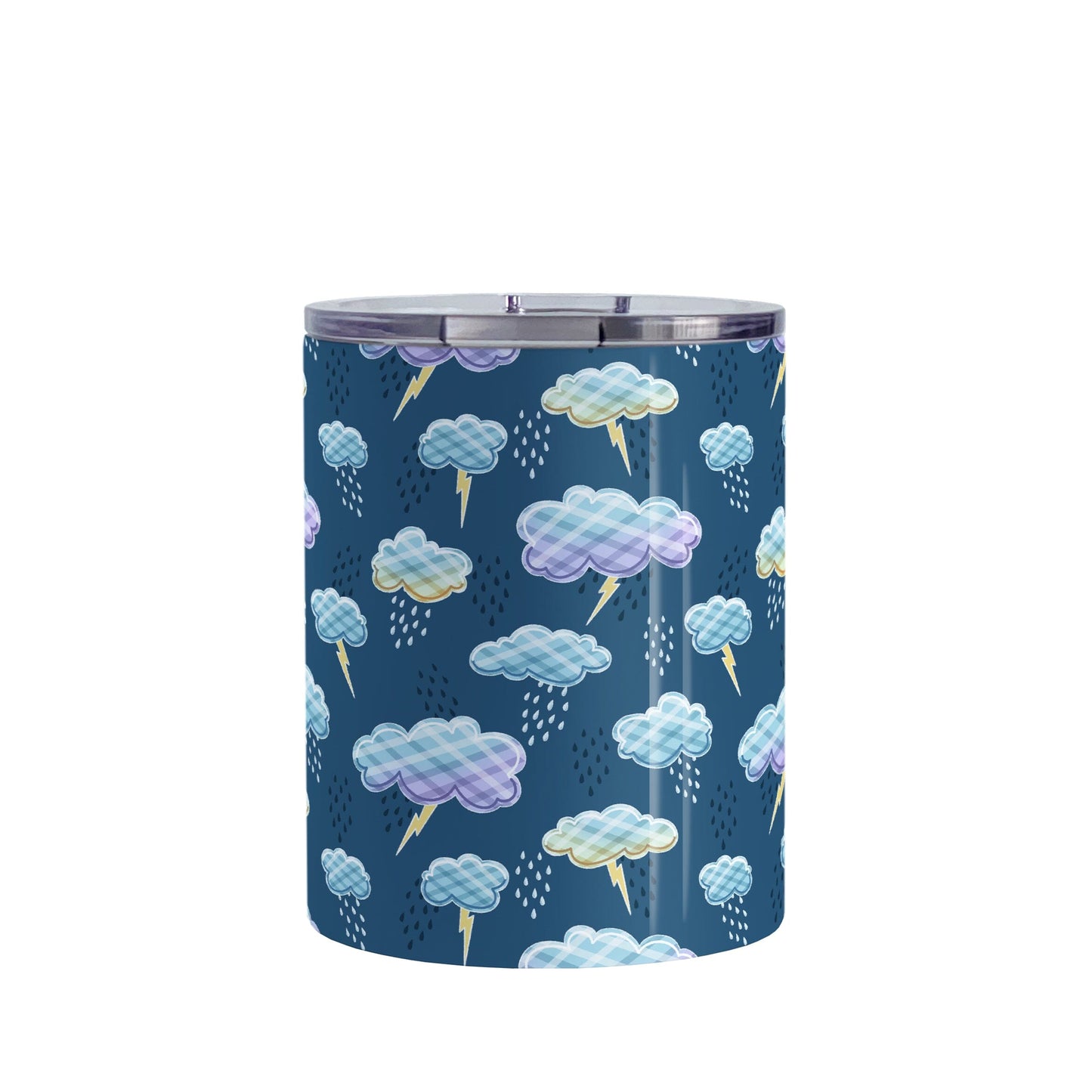 My Thunderstorm Tumbler Cup (10oz) at Amy's Coffee Mugs. A stainless steel tumbler cup designed with an adorable thunderstorm pattern with cute illustrated storm clouds with a plaid-like pattern, lightning bolts, and rain over a dark blue background.