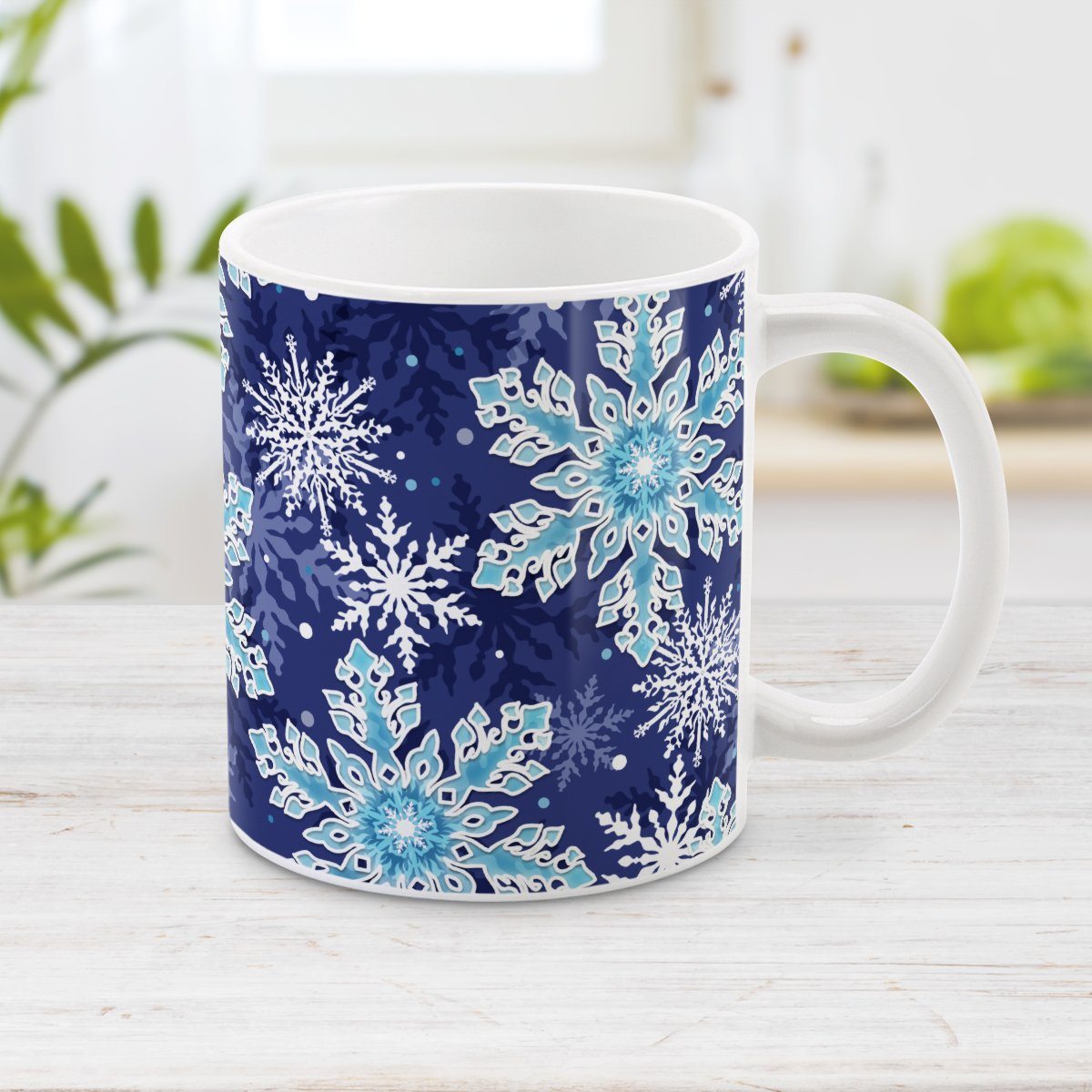 Navy Blue Aqua Snowflake Pattern Winter Mug at Amy's Coffee Mugs