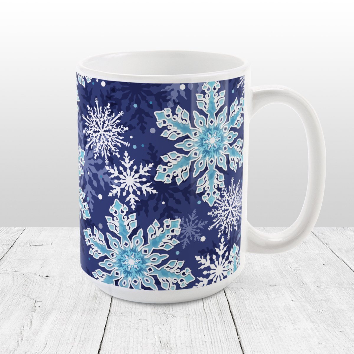 Navy Blue Aqua Snowflake Pattern Winter Mug at Amy's Coffee Mugs