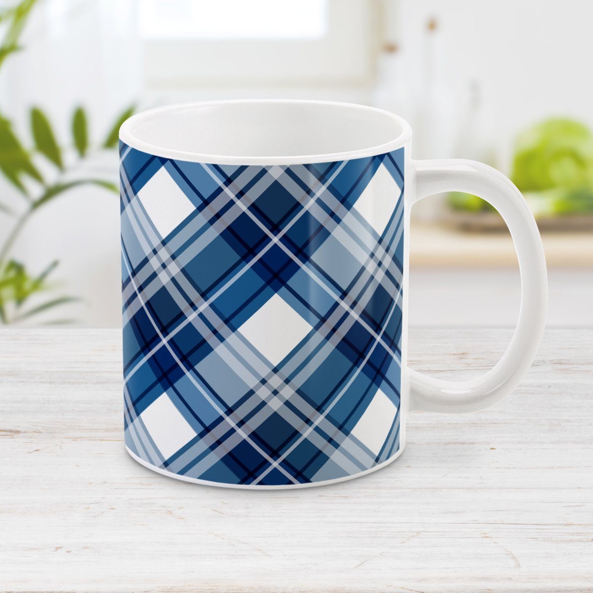 Navy Blue Plaid Mug at Amy's Coffee Mugs