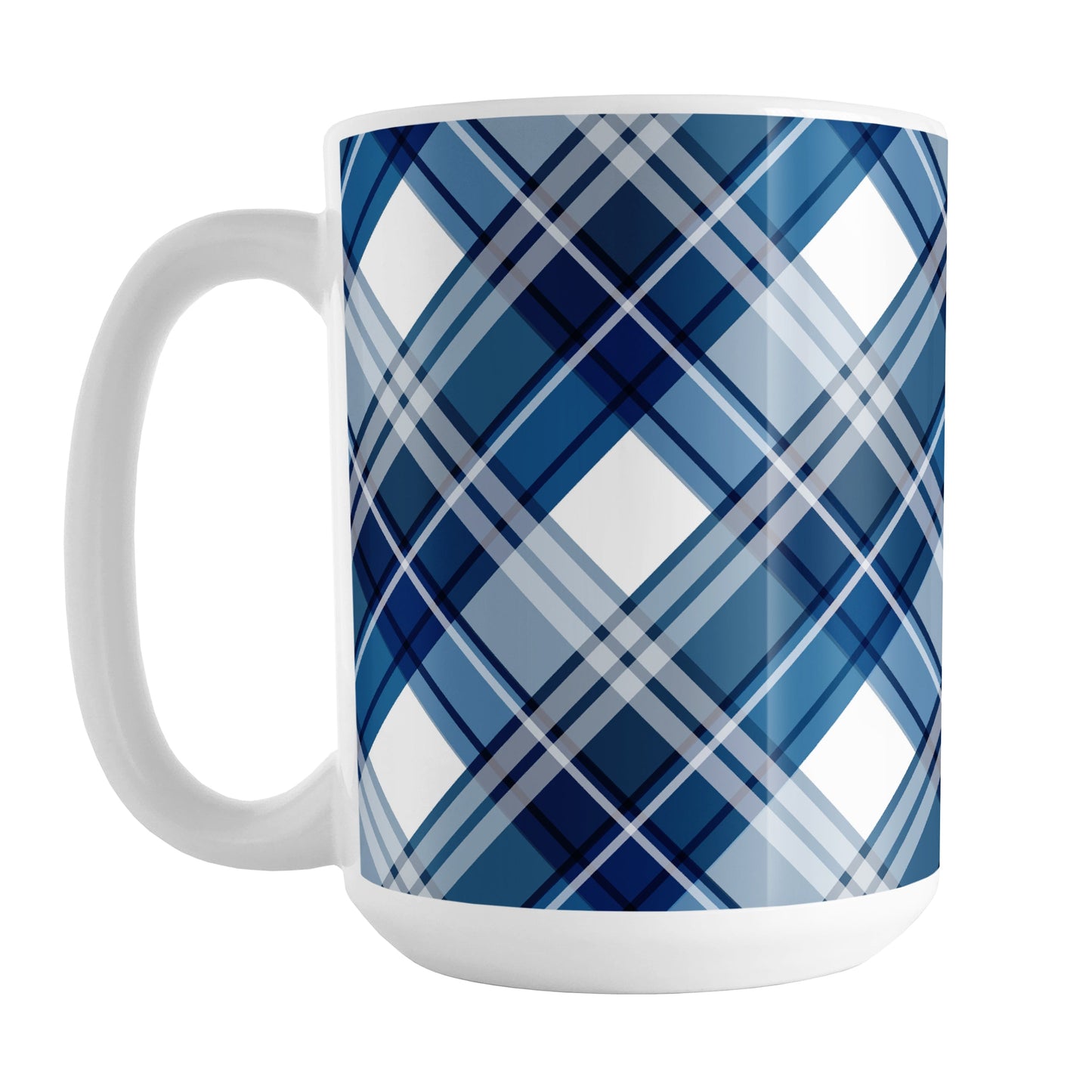 Navy Blue Plaid Mug (15oz) at Amy's Coffee Mugs. A ceramic coffee mug designed with a navy blue plaid pattern with white that wraps around the mug up to the handle.