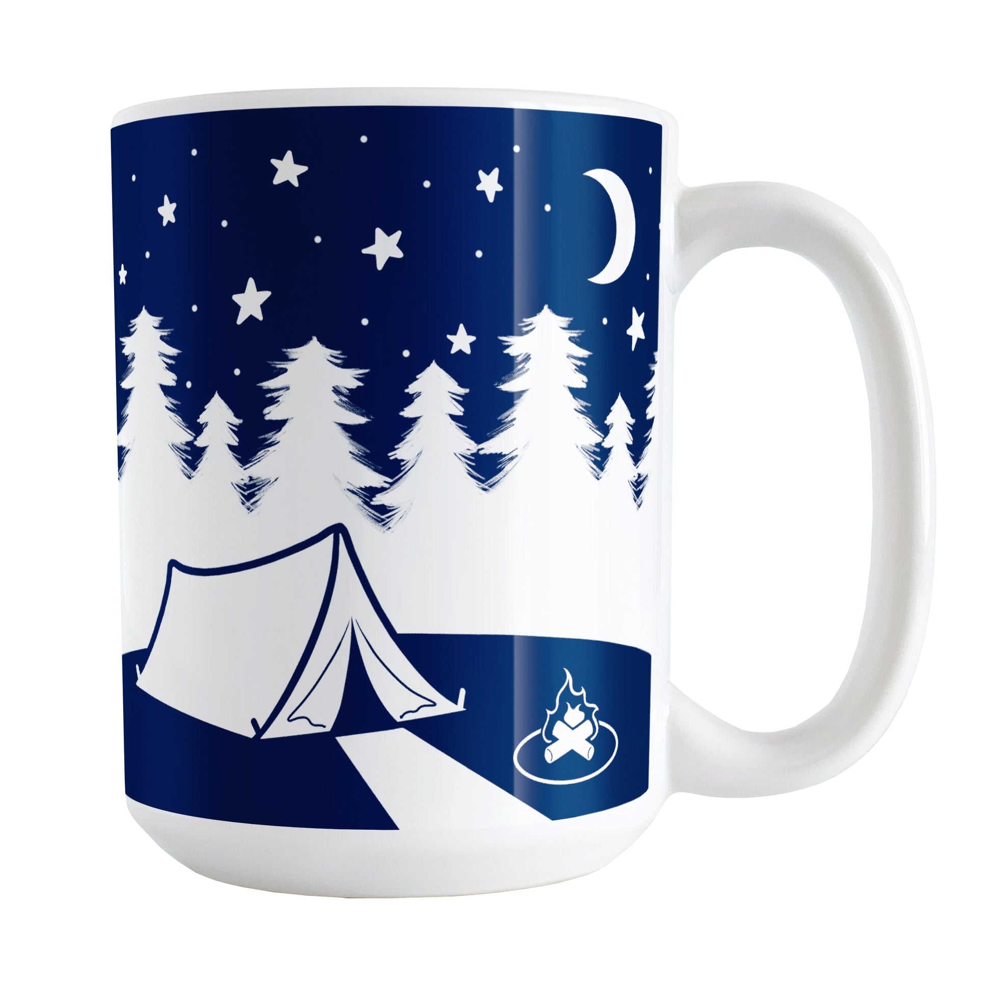 Night Sky Camping Mug (15oz) at Amy's Coffee Mugs. A ceramic coffee mug designed with a blue and white illustration of a camping tent on a hill with a campfire, white trees behind the hill, and a sky filled with whimsical hand-drawn stars and a moon.