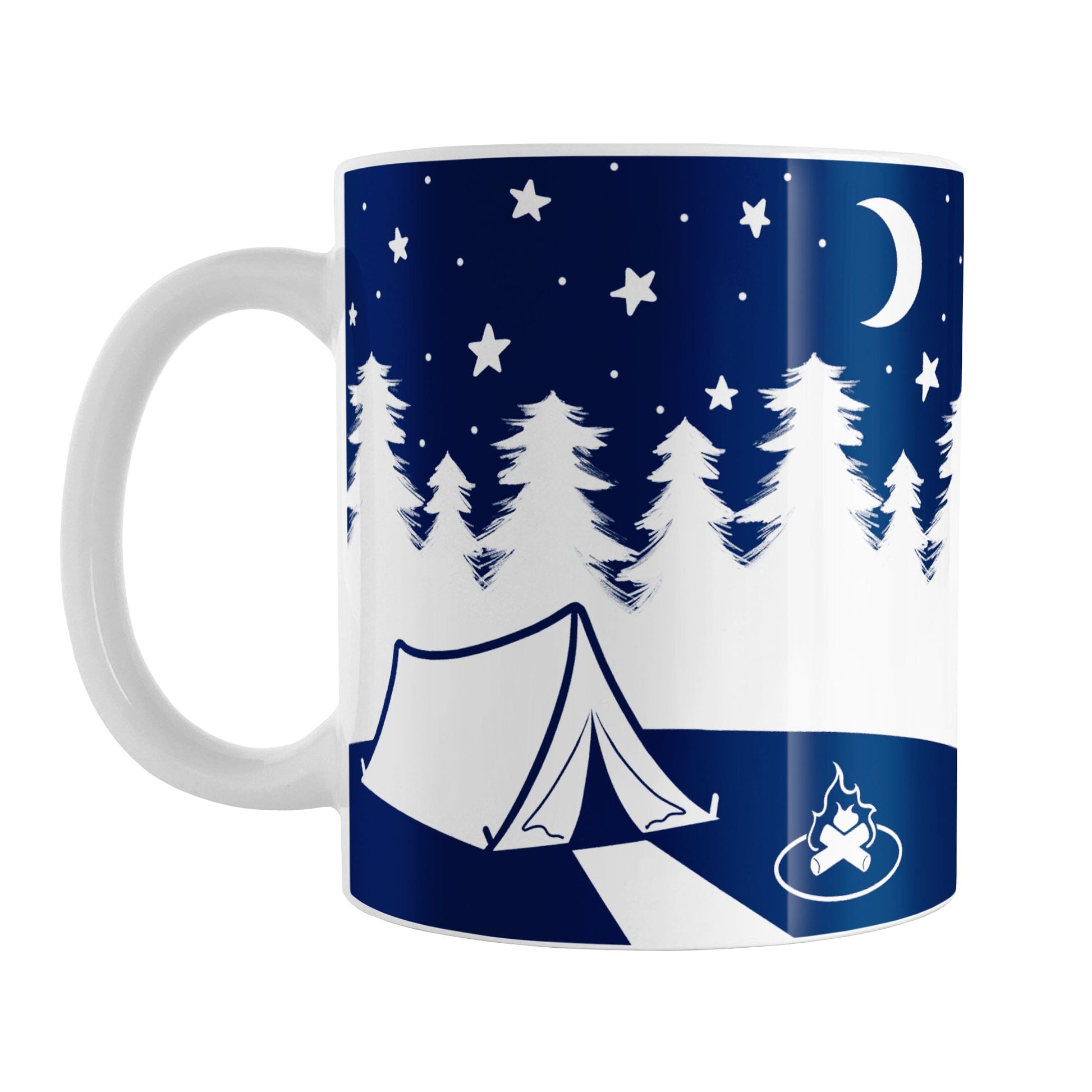 Night Sky Camping Mug (11oz) at Amy's Coffee Mugs. A ceramic coffee mug designed with a blue and white illustration of a camping tent on a hill with a campfire, white trees behind the hill, and a sky filled with whimsical hand-drawn stars and a moon.