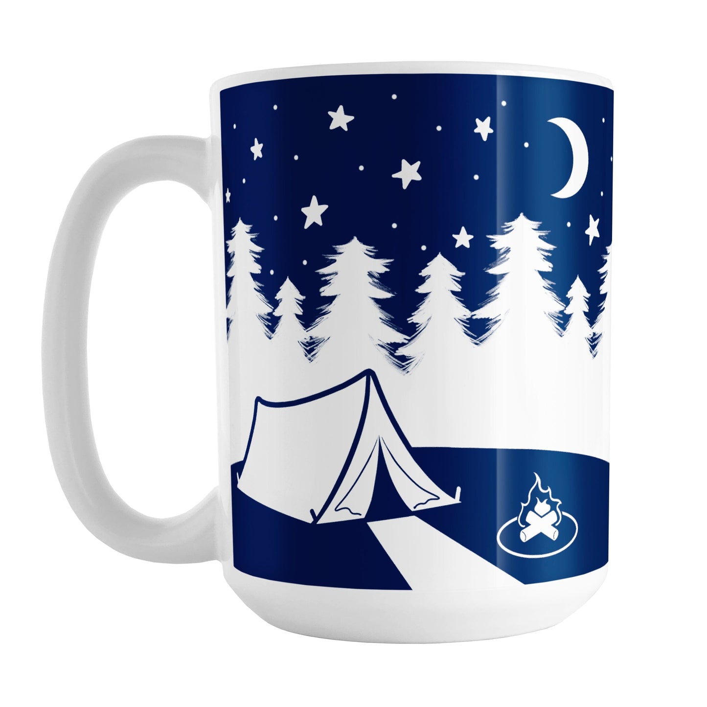 Night Sky Camping Mug (15oz) at Amy's Coffee Mugs. A ceramic coffee mug designed with a blue and white illustration of a camping tent on a hill with a campfire, white trees behind the hill, and a sky filled with whimsical hand-drawn stars and a moon.