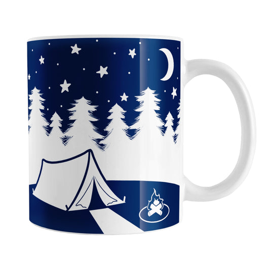 Night Sky Camping Mug (11oz) at Amy's Coffee Mugs. A ceramic coffee mug designed with a blue and white illustration of a camping tent on a hill with a campfire, white trees behind the hill, and a sky filled with whimsical hand-drawn stars and a moon.