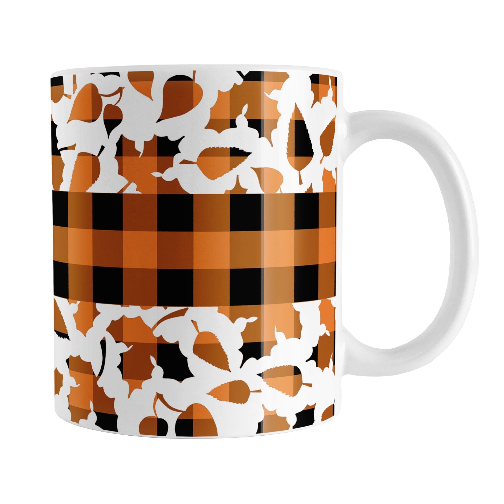 Orange Buffalo Plaid Leaves Fall Mug (11oz) at Amy's Coffee Mugs. A ceramic coffee mug designed with a pattern of leaves with an orange and black buffalo plaid pattern and a buffalo plaid stripe across the center over the leaves. This design wraps around the mug to the handle.