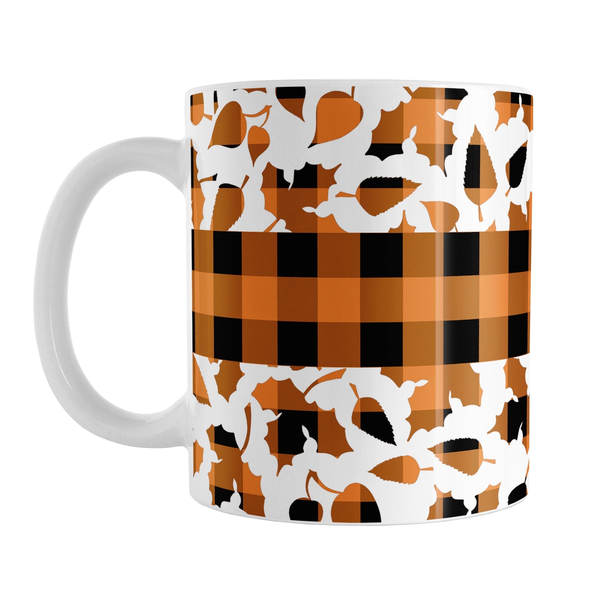 Orange Buffalo Plaid Leaves Fall Mug (11oz) at Amy's Coffee Mugs. A ceramic coffee mug designed with a pattern of leaves with an orange and black buffalo plaid pattern and a buffalo plaid stripe across the center over the leaves. This design wraps around the mug to the handle.