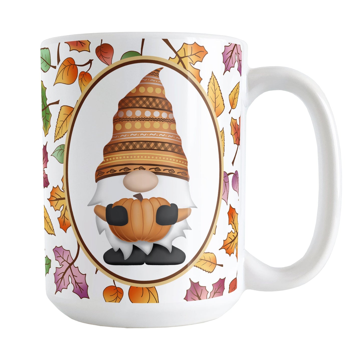 Orange Gnome Fall Leaves Mug (15oz) at Amy's Coffee Mugs. A ceramic coffee mug designed with an adorable orange hat gnome holding an orange pumpkin in a white oval over a pattern of leaves in different fall colors that wrap around the mug to the handle.