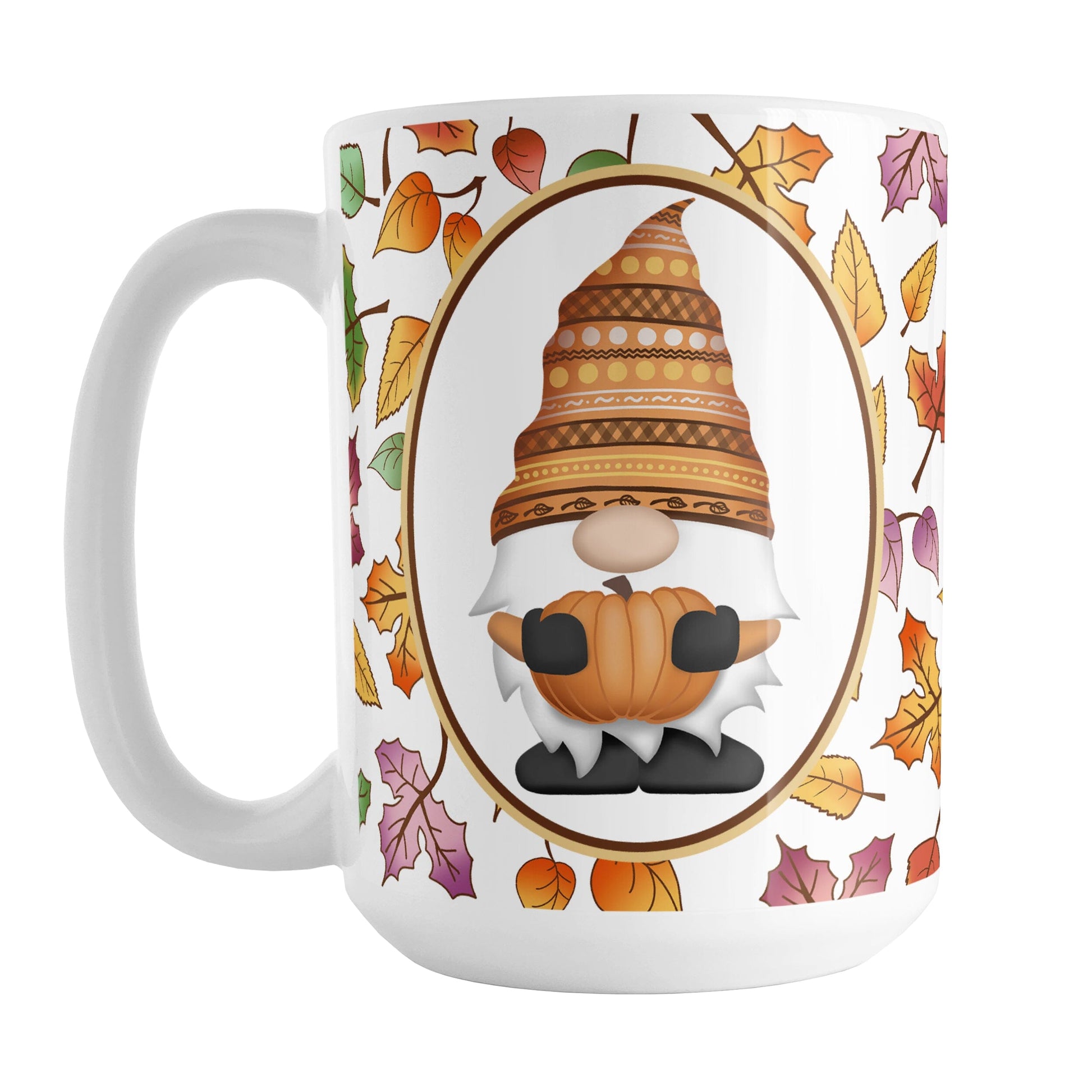 Orange Gnome Fall Leaves Mug (15oz) at Amy's Coffee Mugs. A ceramic coffee mug designed with an adorable orange hat gnome holding an orange pumpkin in a white oval over a pattern of leaves in different fall colors that wrap around the mug to the handle.