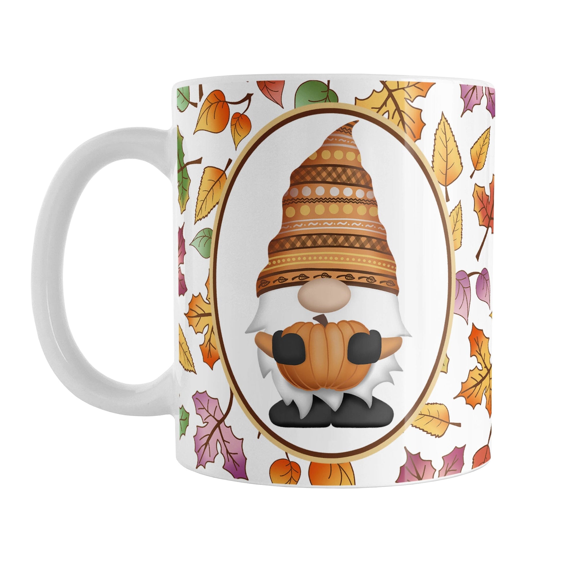 Orange Gnome Fall Leaves Mug (11oz) at Amy's Coffee Mugs. A ceramic coffee mug designed with an adorable orange hat gnome holding an orange pumpkin in a white oval over a pattern of leaves in different fall colors that wrap around the mug to the handle.