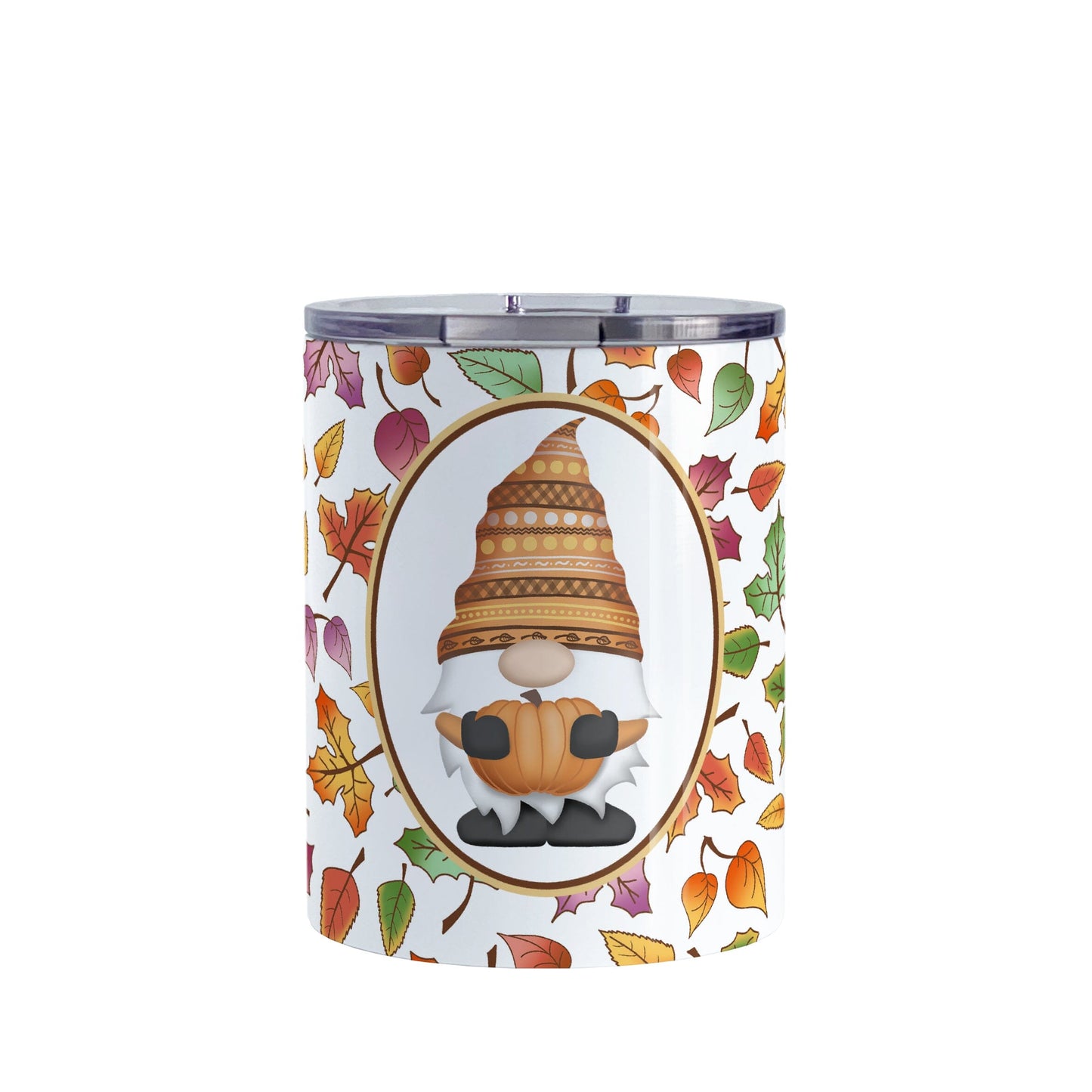 Orange Gnome Fall Leaves Tumbler Cup (10oz) at Amy's Coffee Mugs. A stainless steel tumbler cup designed with an adorable orange hat gnome holding an orange pumpkin in a white oval over a pattern of leaves in different fall colors that wrap around the cup. 