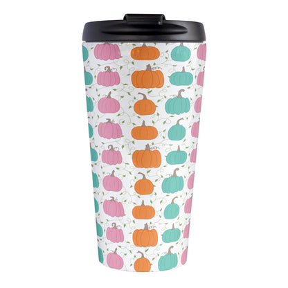 Orange Teal Pink Pumpkin Pattern Travel Mug (15oz, stainless steel insulated) at Amy's Coffee Mugs