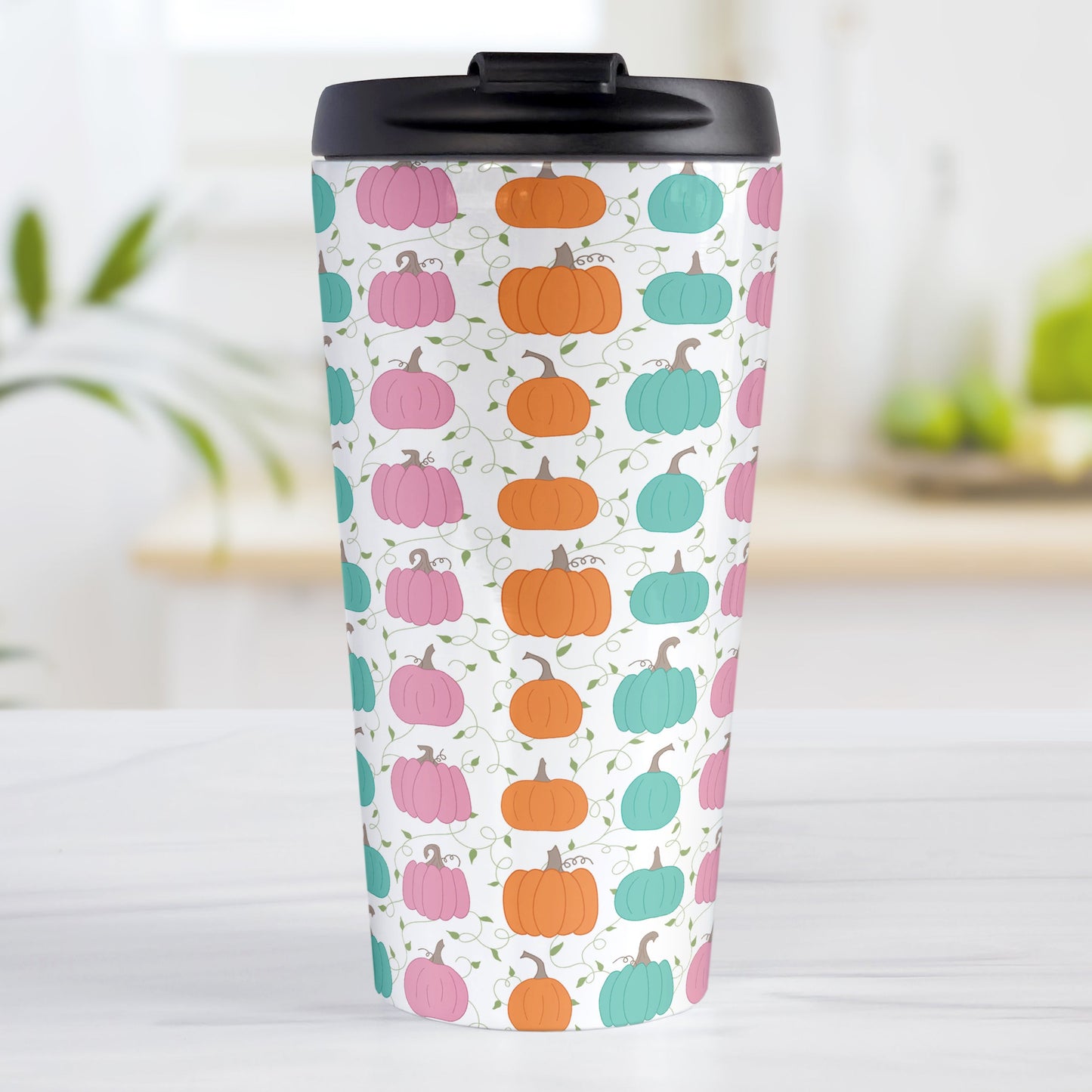 Orange Teal Pink Pumpkin Pattern Travel Mug (15oz, stainless steel insulated) at Amy's Coffee Mugs