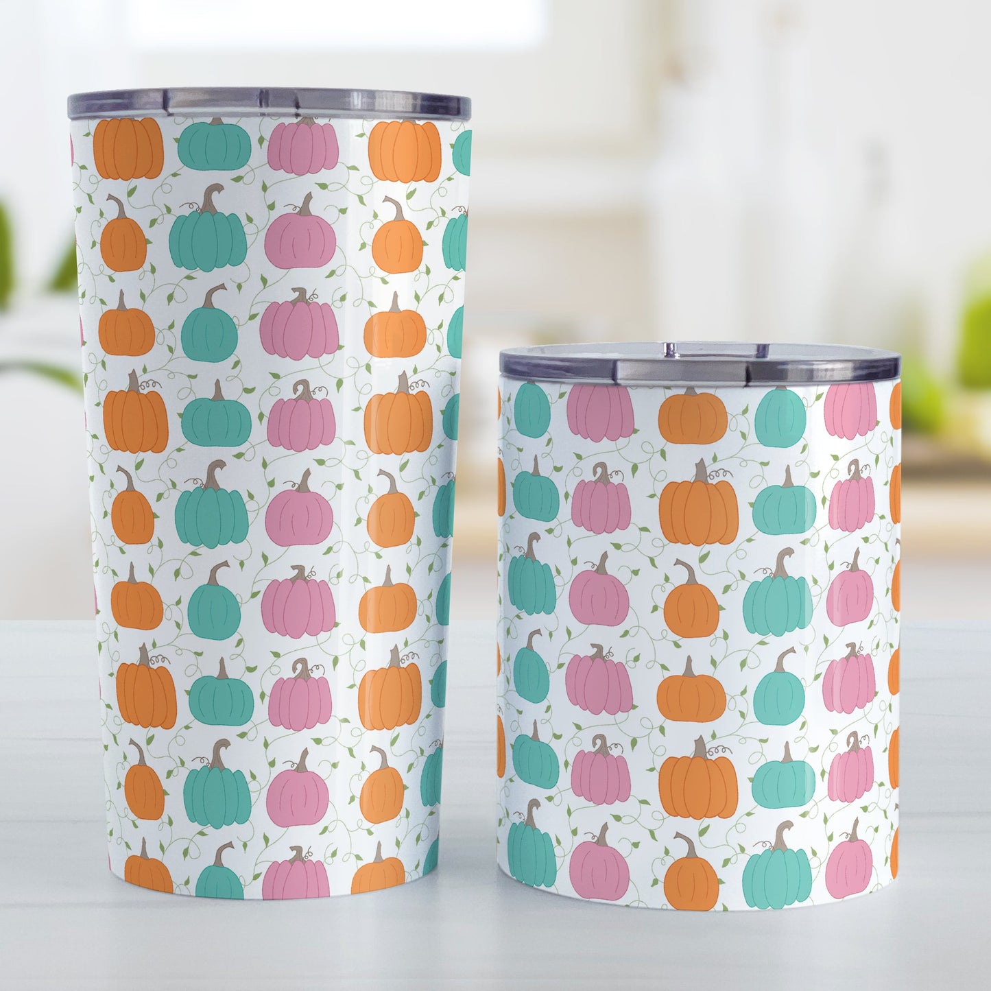Orange Teal Pink Pumpkin Pattern Tumbler Cup (20oz and 10oz, stainless steel insulated) at Amy's Coffee Mugs
