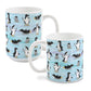 Penguin Parade Pattern Mugs at Amy's Coffee Mugs. Photo shows 15oz and 11oz ceramic coffee mugs designed with a fun penguin parade pattern featuring a variety of penguins and baby penguins over an Antarctic background with waves of blue, turquoise, and purple colors with hints of snowflakes that wraps around the mugs.