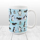 Penguin Parade Pattern Mug at Amy's Coffee Mugs. A 15oz ceramic coffee mug designed with a fun penguin parade pattern featuring a variety of penguins and baby penguins over an Antarctic background with waves of blue, turquoise, and purple colors with hints of snowflakes that wraps around the mug.