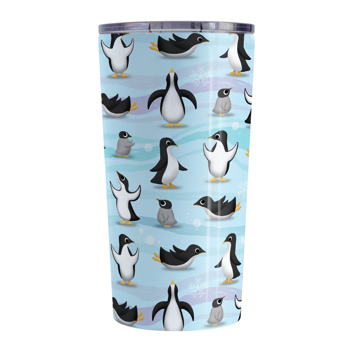 Penguin Parade Pattern Tumbler Cup (20oz, stainless steel insulated) at Amy's Coffee Mugs. Penguin Parade Pattern Mug at Amy's Coffee Mugs. A tumbler cup designed with a fun penguin parade pattern featuring a variety of penguins and baby penguins over an Antarctic background with waves of blue, turquoise, and purple colors with hints of snowflakes that wraps around the cup.