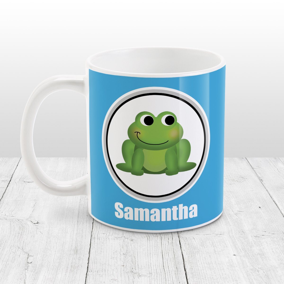 Personalized Adorable Blue Frog Mug at Amy's Coffee Mugs