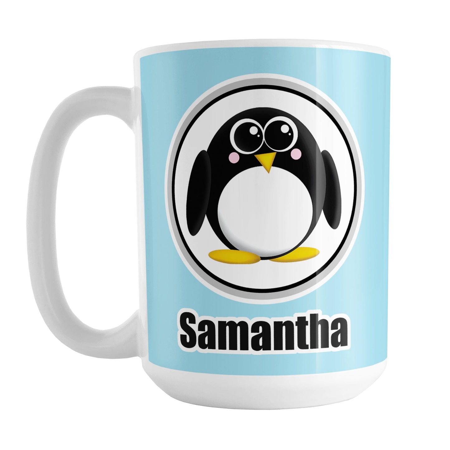 Personalized Adorable Light Blue Penguin Mug (15oz) at Amy's Coffee Mugs. A ceramic coffee mug designed with an adorable rounded penguin in a white circle over a light blue background that wraps around the mug to the handle. Your name is personalized in black below the penguin, on both sides of the mug. 