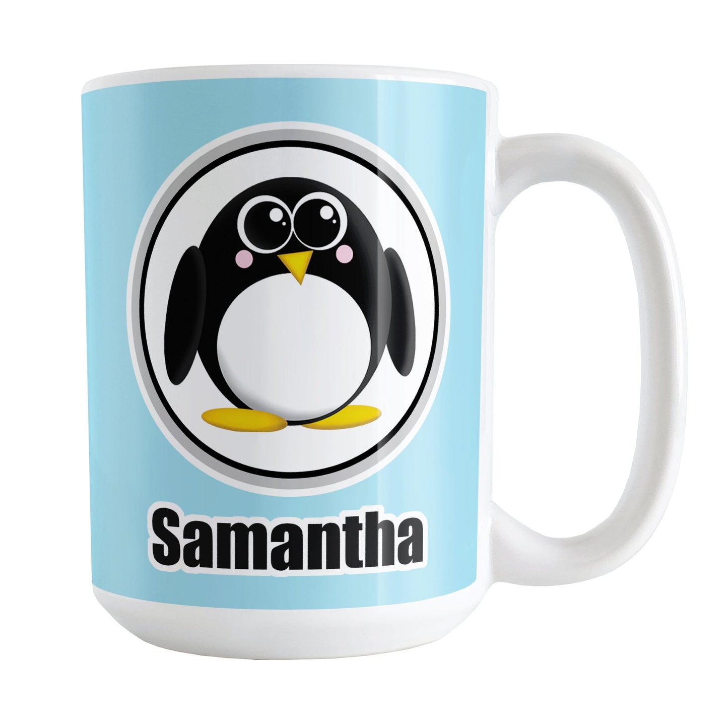 Personalized Adorable Light Blue Penguin Mug (15oz) at Amy's Coffee Mugs. A ceramic coffee mug designed with an adorable rounded penguin in a white circle over a light blue background that wraps around the mug to the handle. Your name is personalized in black below the penguin, on both sides of the mug. 