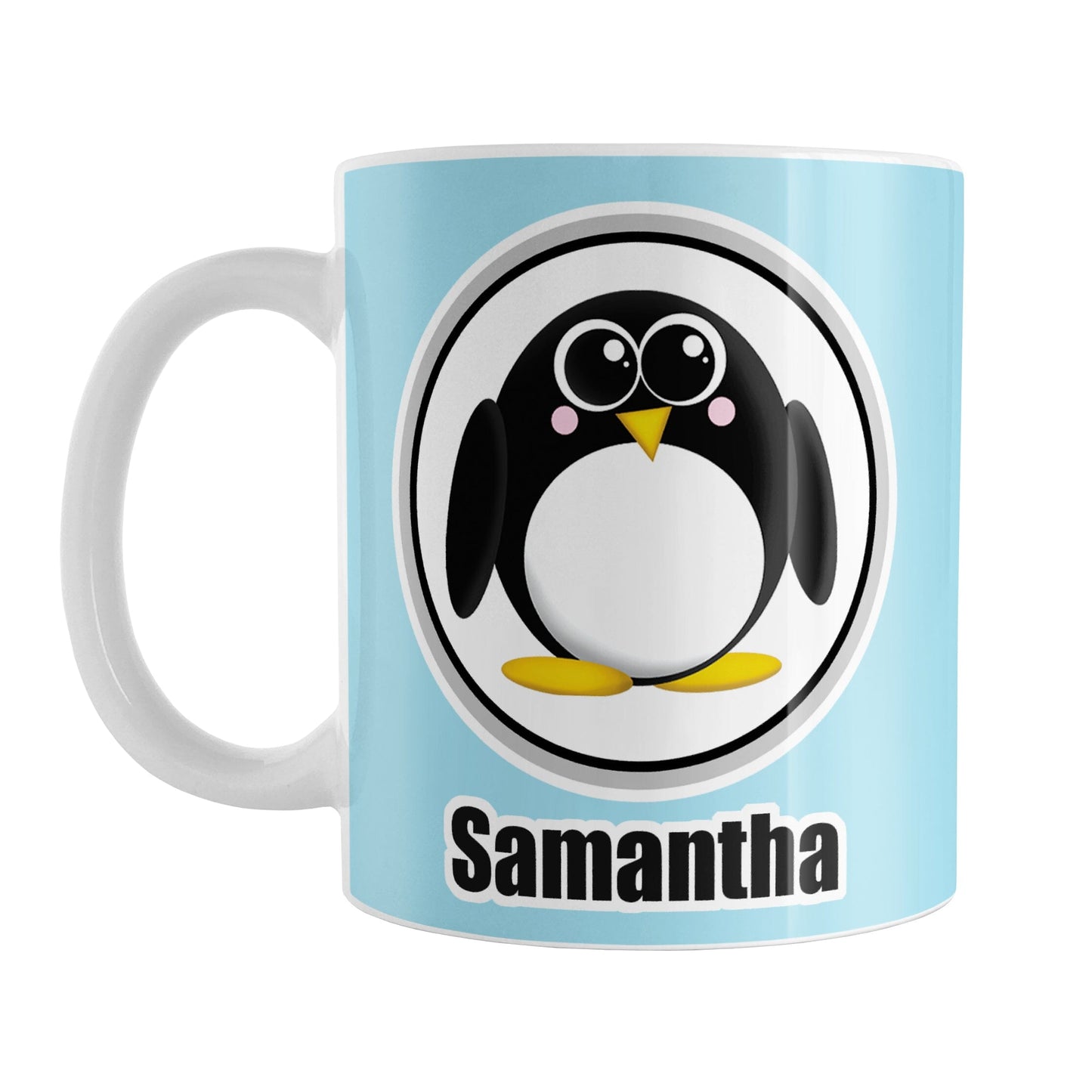 Personalized Adorable Light Blue Penguin Mug (11oz) at Amy's Coffee Mugs. A ceramic coffee mug designed with an adorable rounded penguin in a white circle over a light blue background that wraps around the mug to the handle. Your name is personalized in black below the penguin, on both sides of the mug. 