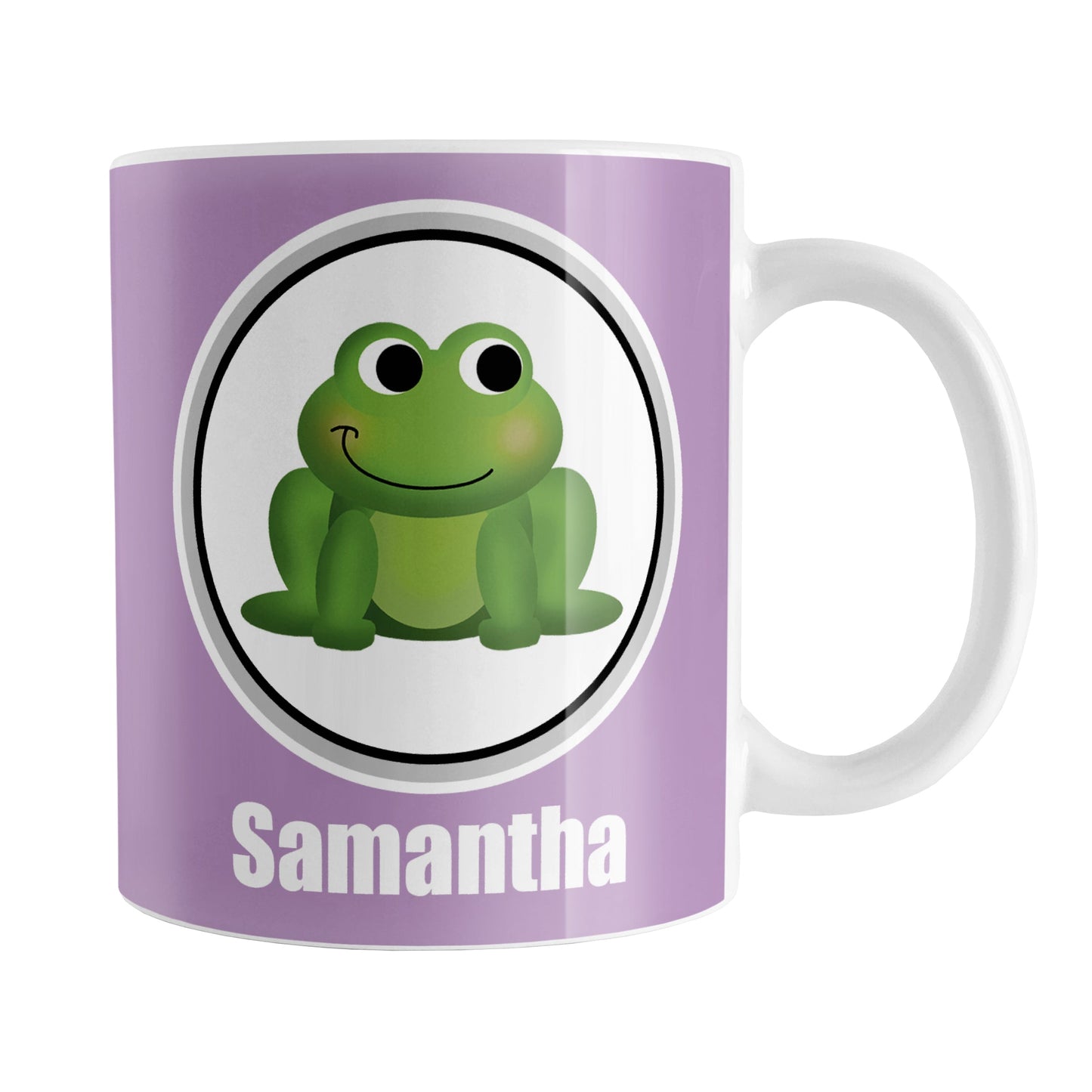 Personalized Adorable Purple Frog Mug (11oz) at Amy's Coffee Mugs. A ceramic coffee mug designed with a cute and happy green frog in a white circle on both sides of the mug over a purple background color that wraps around the mug up to the handle. Your name is custom-printed in white below the adorable frog.