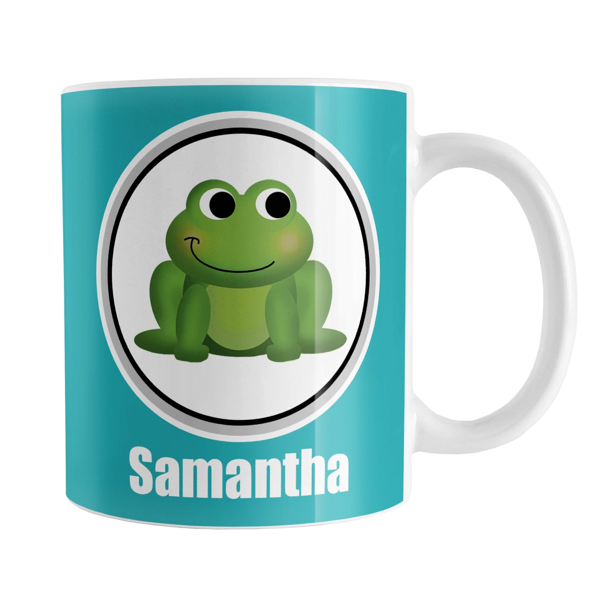 Personalized Adorable Turquoise Frog Mug (11oz) at Amy's Coffee Mugs. A ceramic coffee mug designed with a cute and happy green frog in a white circle on both sides of the mug over a turquoise background color that wraps around the mug up to the handle. Your name is custom-printed in white below the adorable frog.