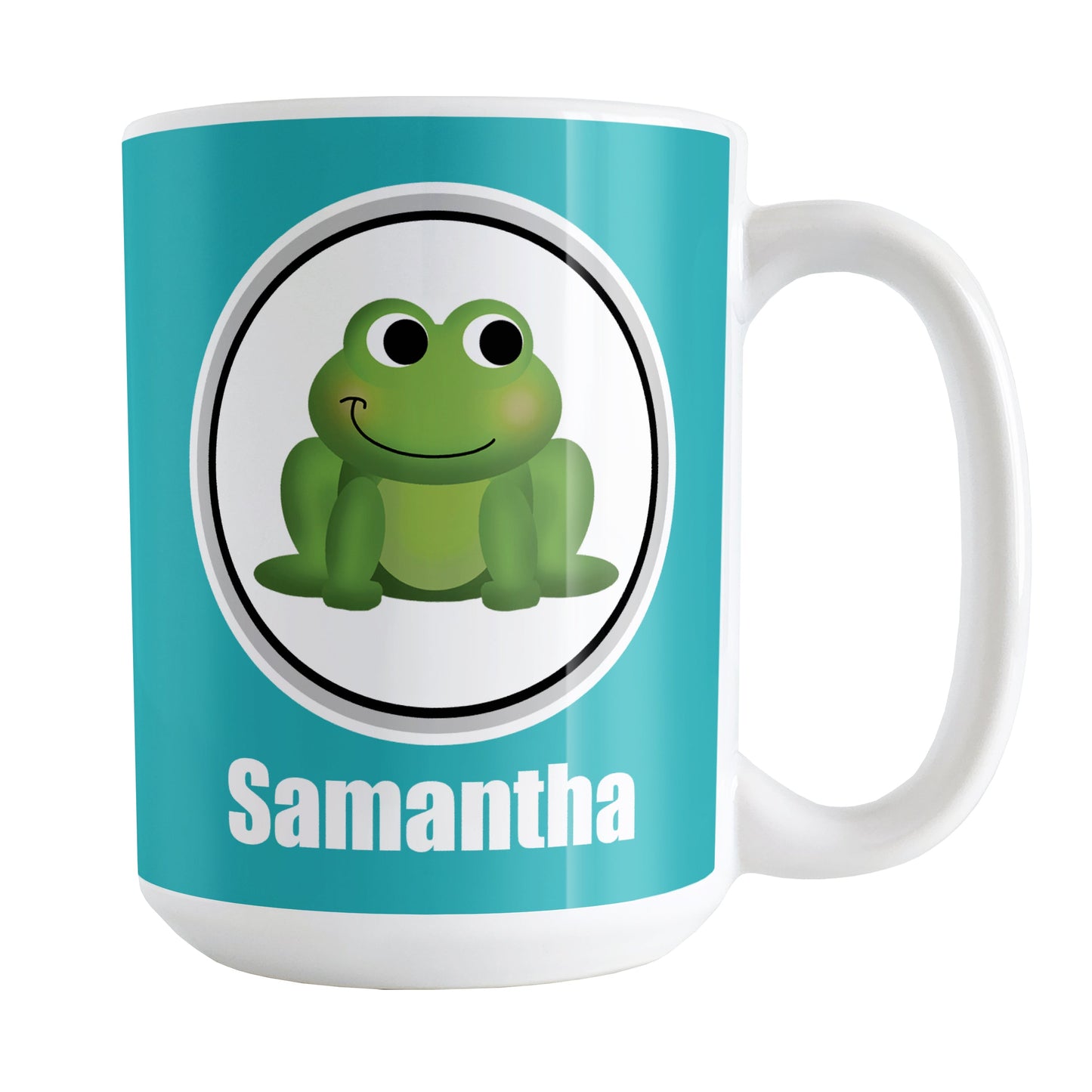 Personalized Adorable Turquoise Frog Mug (15oz) at Amy's Coffee Mugs. A ceramic coffee mug designed with a cute and happy green frog in a white circle on both sides of the mug over a turquoise background color that wraps around the mug up to the handle. Your name is custom-printed in white below the adorable frog.