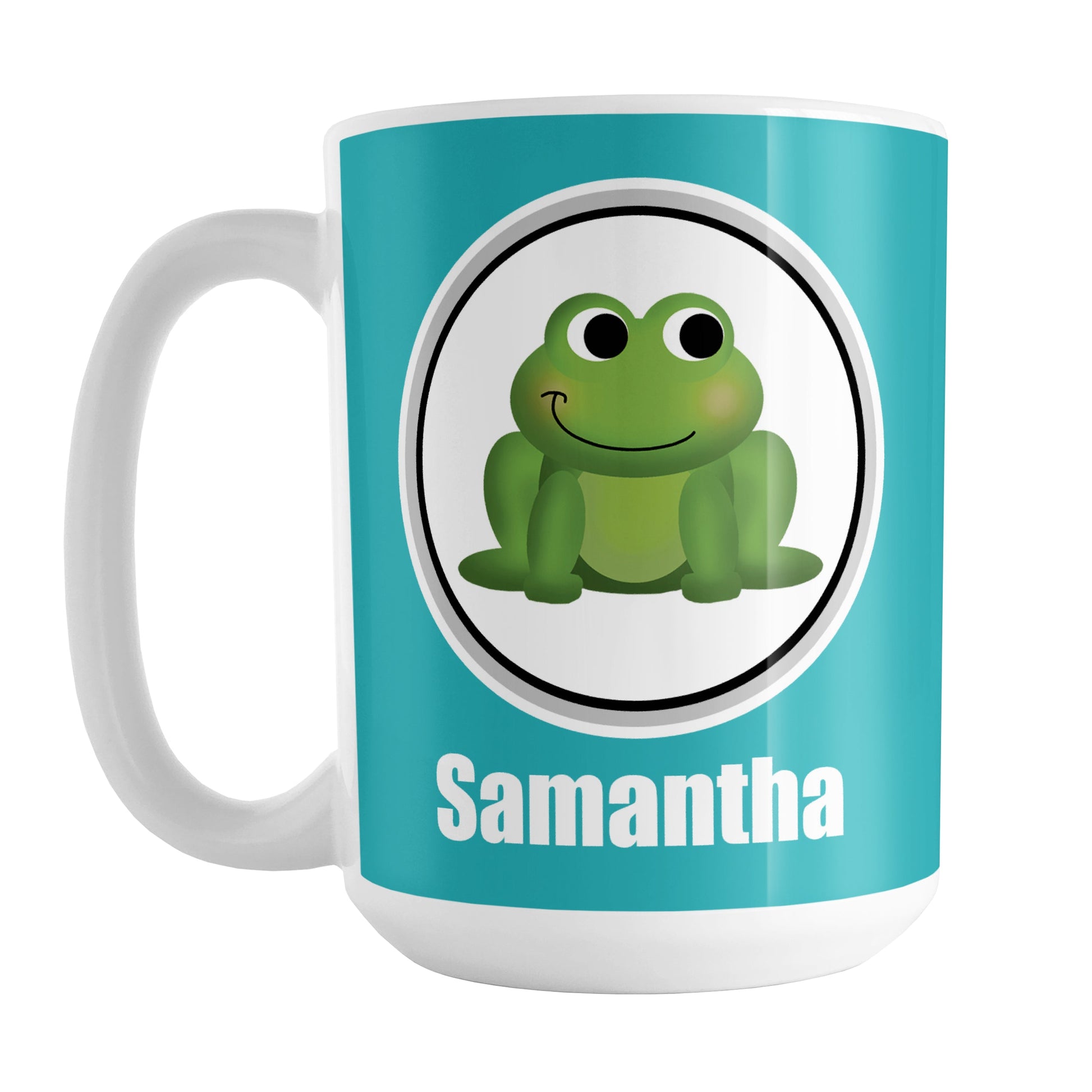 Personalized Adorable Turquoise Frog Mug (15oz) at Amy's Coffee Mugs. A ceramic coffee mug designed with a cute and happy green frog in a white circle on both sides of the mug over a turquoise background color that wraps around the mug up to the handle. Your name is custom-printed in white below the adorable frog.