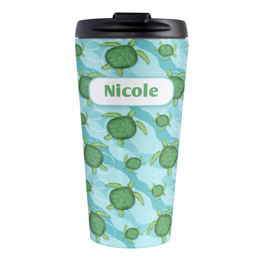 Personalized Aquatic Sea Turtle Pattern Travel Mug (15oz, stainless steel insulated) at Amy's Coffee Mugs. A personalized travel mug with an aquatic pattern of green sea turtles, swimming over a wavy underwater pattern design in blue and turquoise, that wraps around the travel mug. Your name is printed in green on white over the sea turtles pattern.
