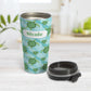 Personalized Aquatic Sea Turtle Pattern Travel Mug (15oz, stainless steel insulated) at Amy's Coffee Mugs. A personalized travel mug with an aquatic pattern of green sea turtles, swimming over a wavy underwater pattern design in blue and turquoise, that wraps around the travel mug. Your name is printed in green on white over the sea turtles pattern.
