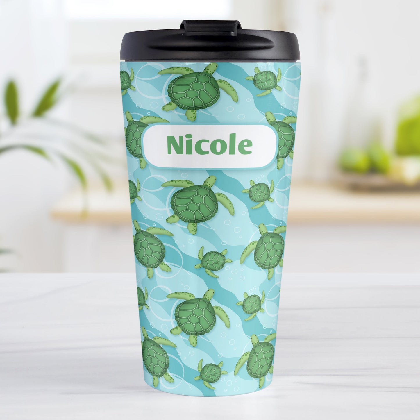 Personalized Aquatic Sea Turtle Pattern Travel Mug (15oz, stainless steel insulated) at Amy's Coffee Mugs. A personalized travel mug with an aquatic pattern of green sea turtles, swimming over a wavy underwater pattern design in blue and turquoise, that wraps around the travel mug. Your name is printed in green on white over the sea turtles pattern.