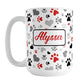 Personalized Black and Red Hearts and Paw Prints Mug (15oz) at Amy's Coffee Mugs. A ceramic coffee mug designed with a pattern of hearts and paw prints in red, black, and gray that wraps around the mug to the handle. Your name is custom printed in a red script font in a white rectangle on both sides of the mug over the paw prints pattern.